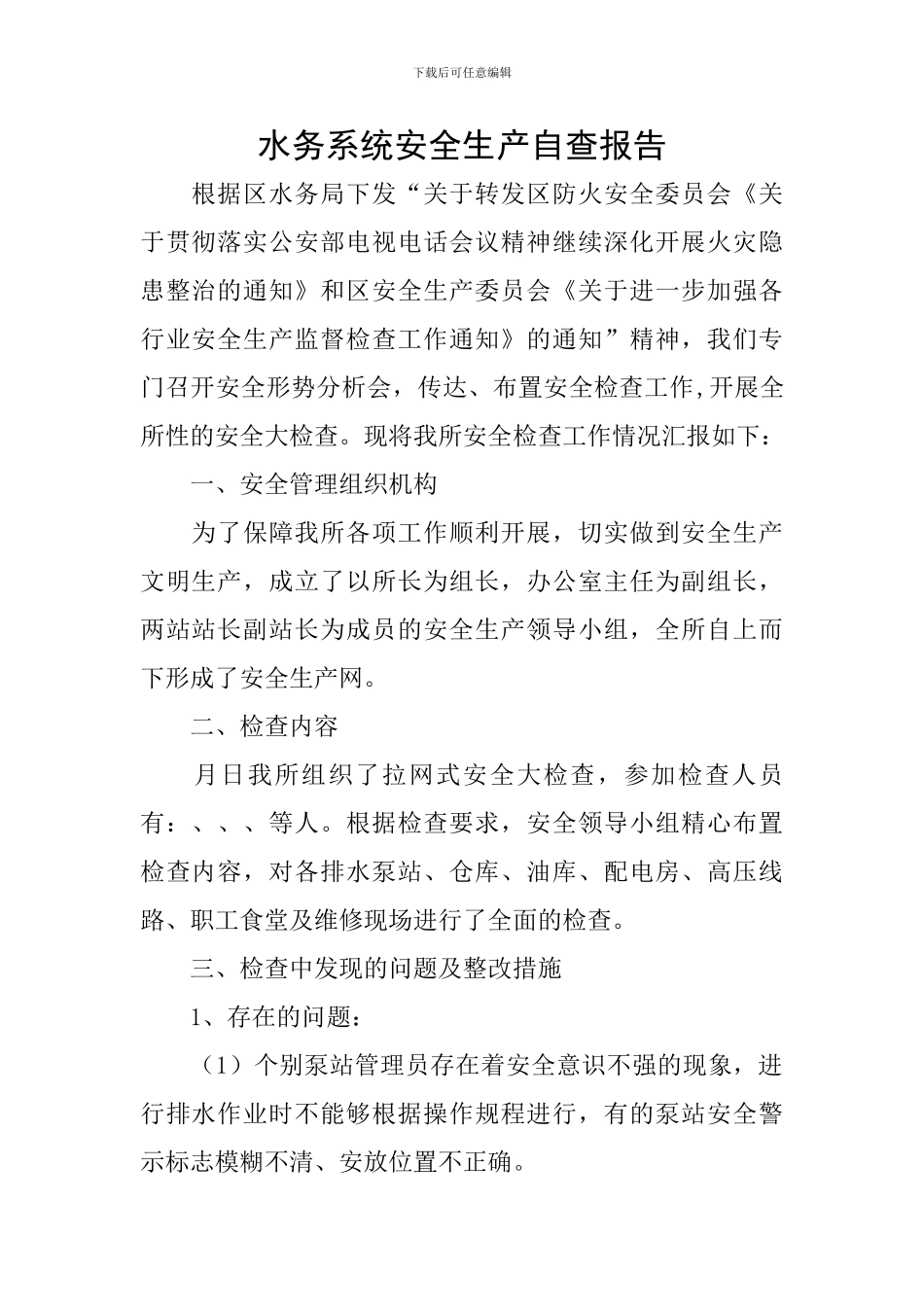 水务系统安全生产自查报告_第1页