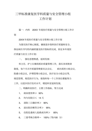 三甲标准康复医学科质量与安全管理小组工作计划工作范文
