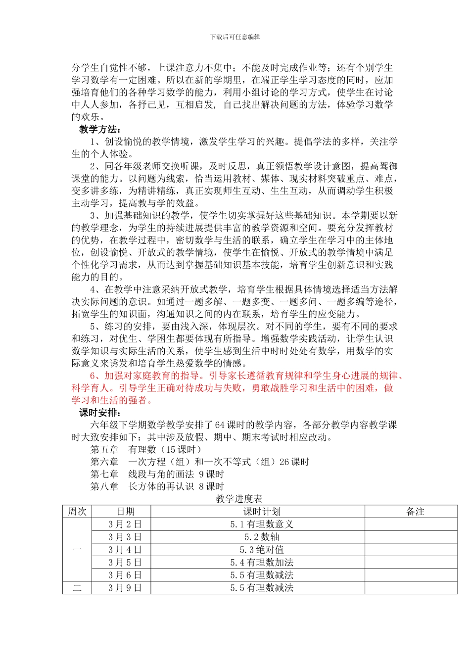 沪教版六年级数学下册教学计划及进度_第2页