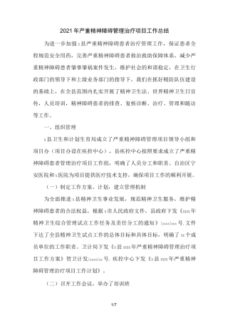 2021年严重精神障碍管理治疗项目工作总结