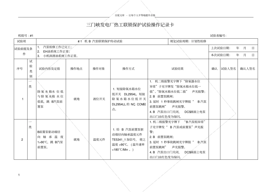 三门峡发电厂热工联锁保护试验操作记录卡_第1页