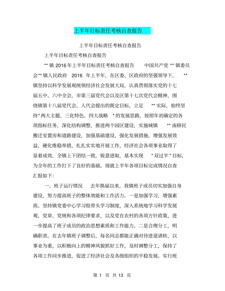 上半年目标责任考核自查报告【可编辑版】_第1页