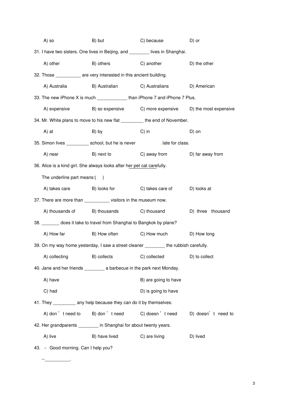 上海2017-2018学年七年级英语上学期期中试题新人教版_第3页