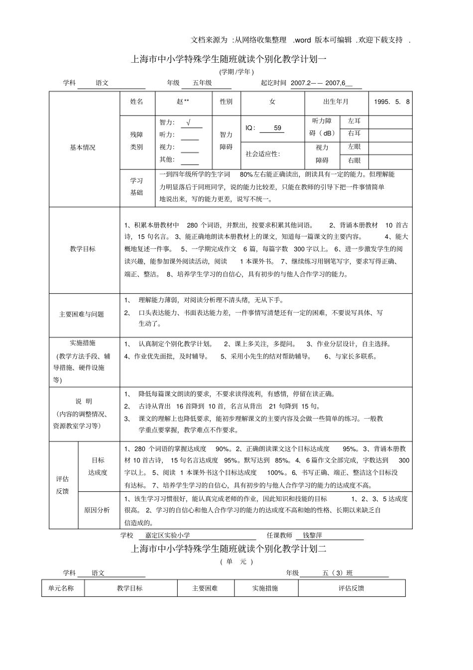 上海中小学特殊学生随班就读个别化教学计划一_第1页