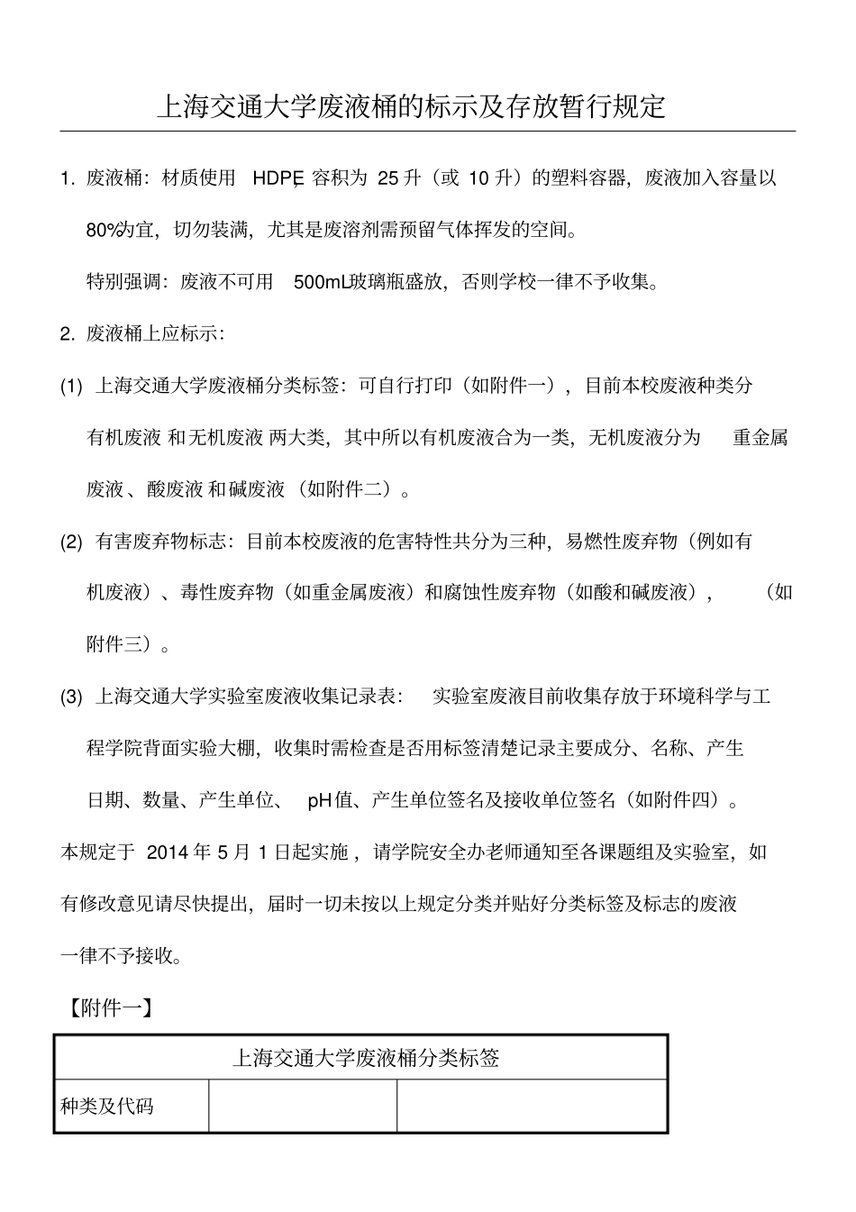 上海交通大学废液桶的标示及存放暂行规定_第1页