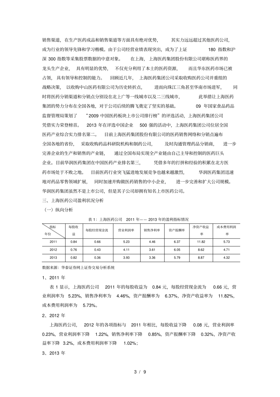 上海医药上公司盈利能力分析研究_第3页