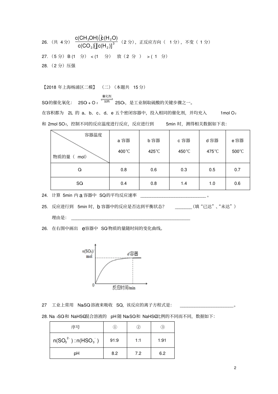 上海各区2018年中考化学二模试题分类汇编化学平衡试题答案不全_第2页