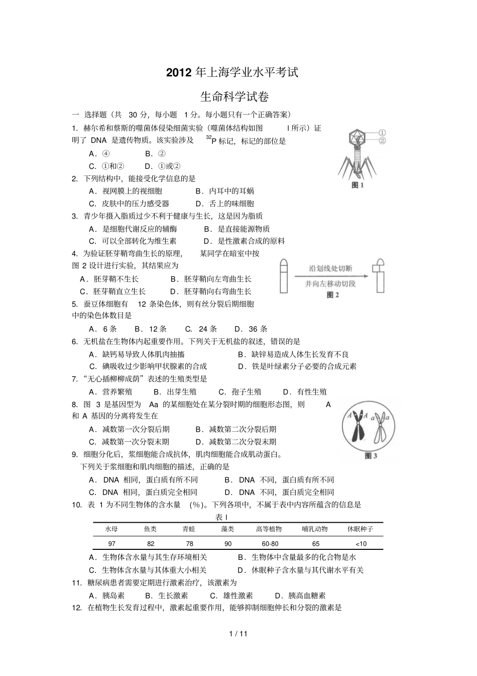 上海学业水平考试生命科学试卷含答案_第1页