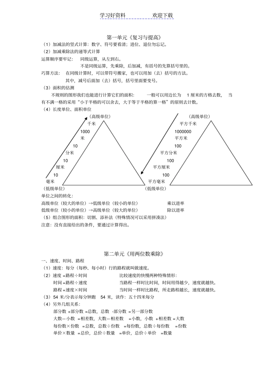 上海小学三年级数学知识梳理三下_第1页