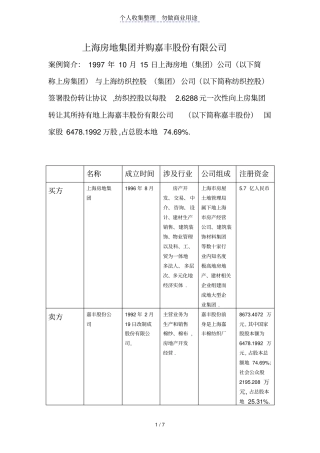 上海房地集团并购嘉丰股份有限公司