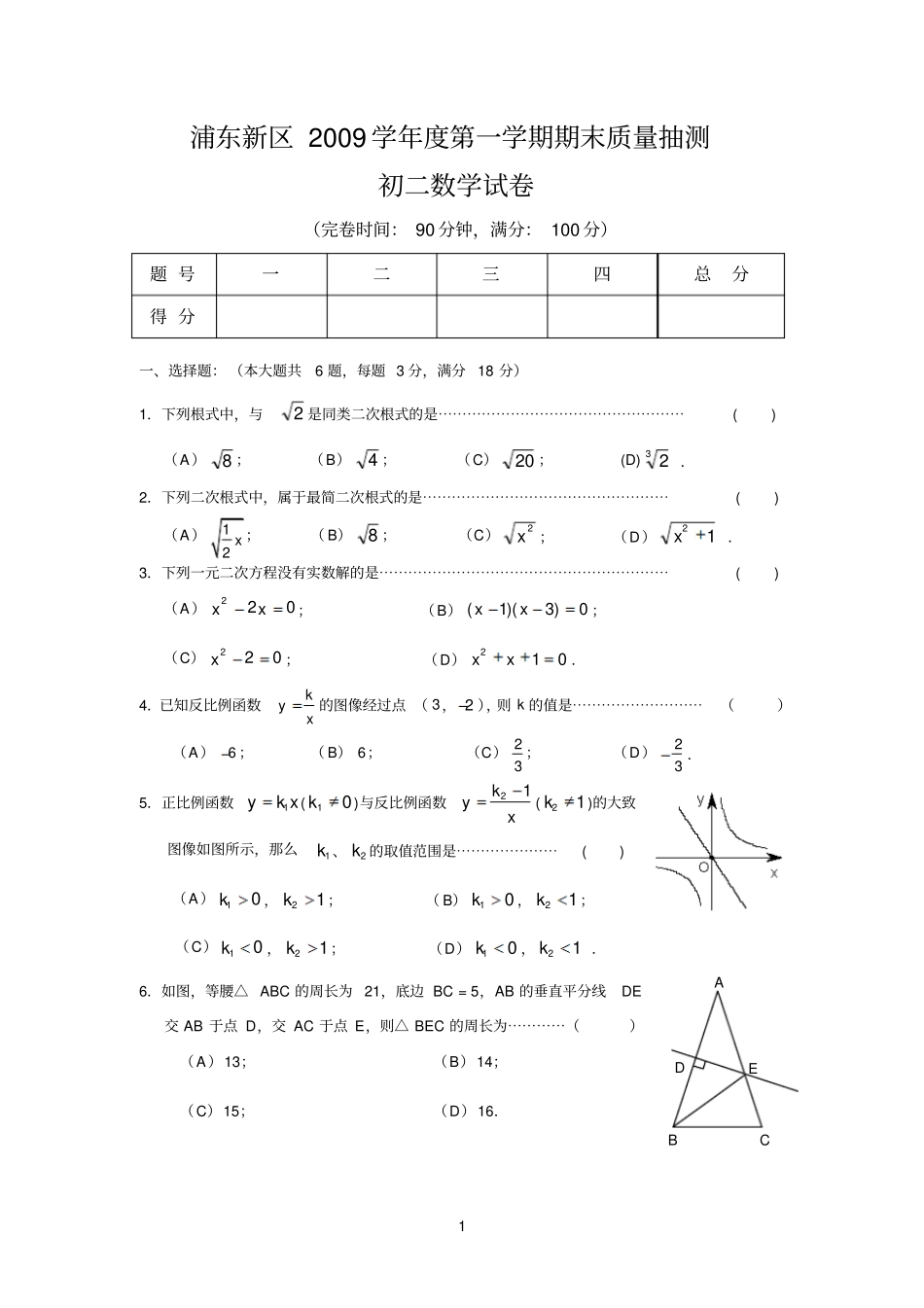 上海浦东新区2009学年第一学期初二数学期末质量抽测含答案_第1页