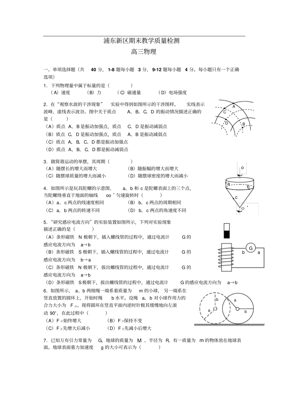 上海浦东新区高三物理期末教学质量检测_第1页
