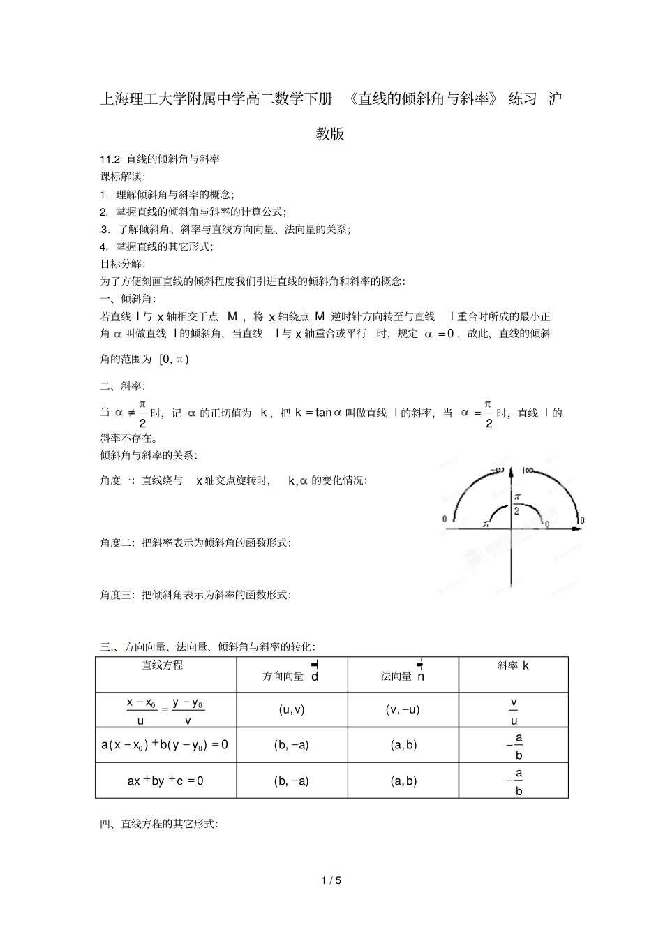 上海理工大学附属中学高数学下册直线倾斜角与斜率练习沪教版_第1页
