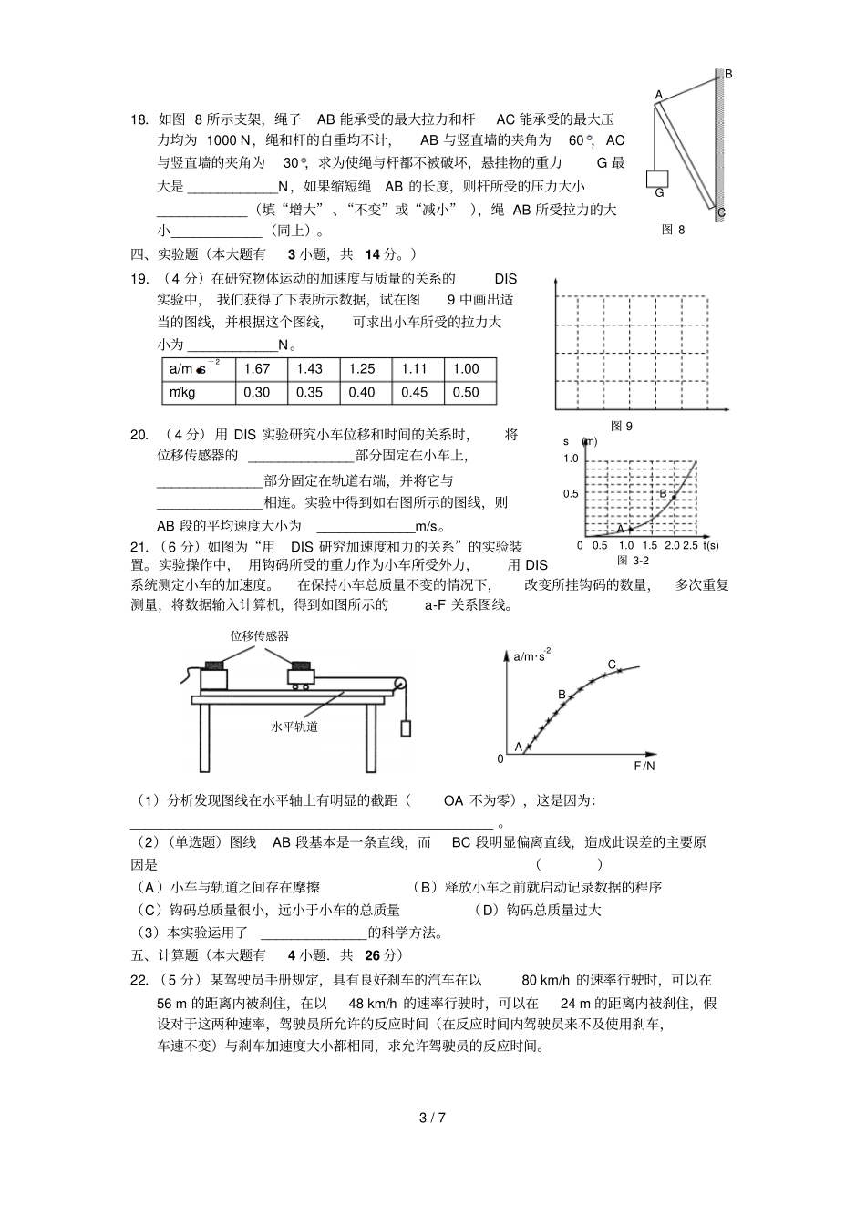 上海重点中学学第二学期高一级摸底考试物理试题_第3页