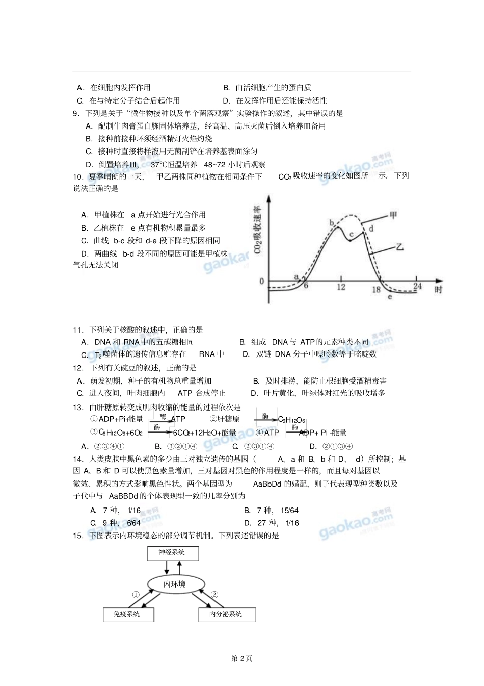 上海闵行中学2018年高三第一学期期中考试生物试题_第2页