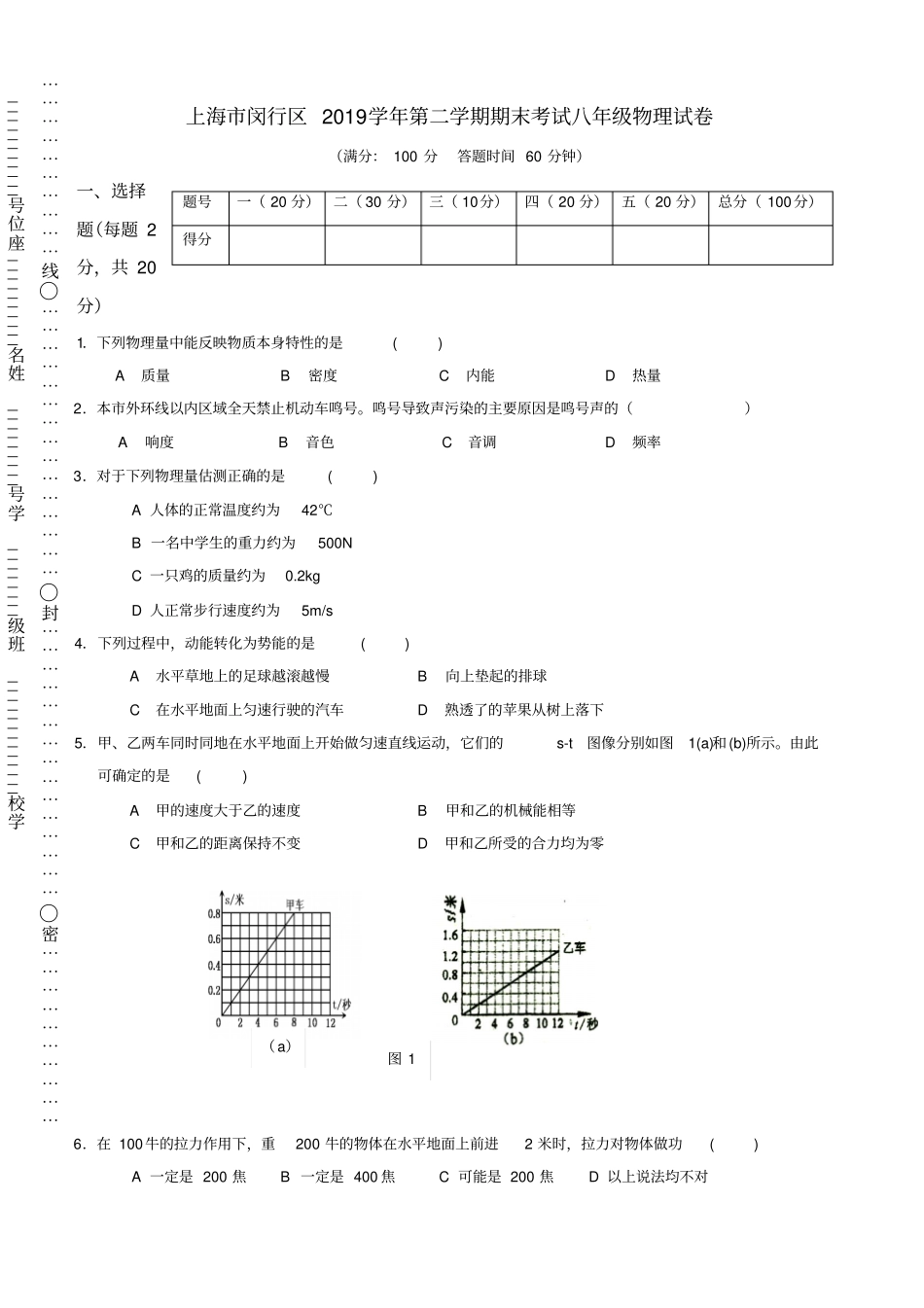 上海闵行区2019学年第二学期期末考试八年级物理试卷_第1页