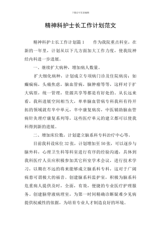 精神科护士长工作计划范文