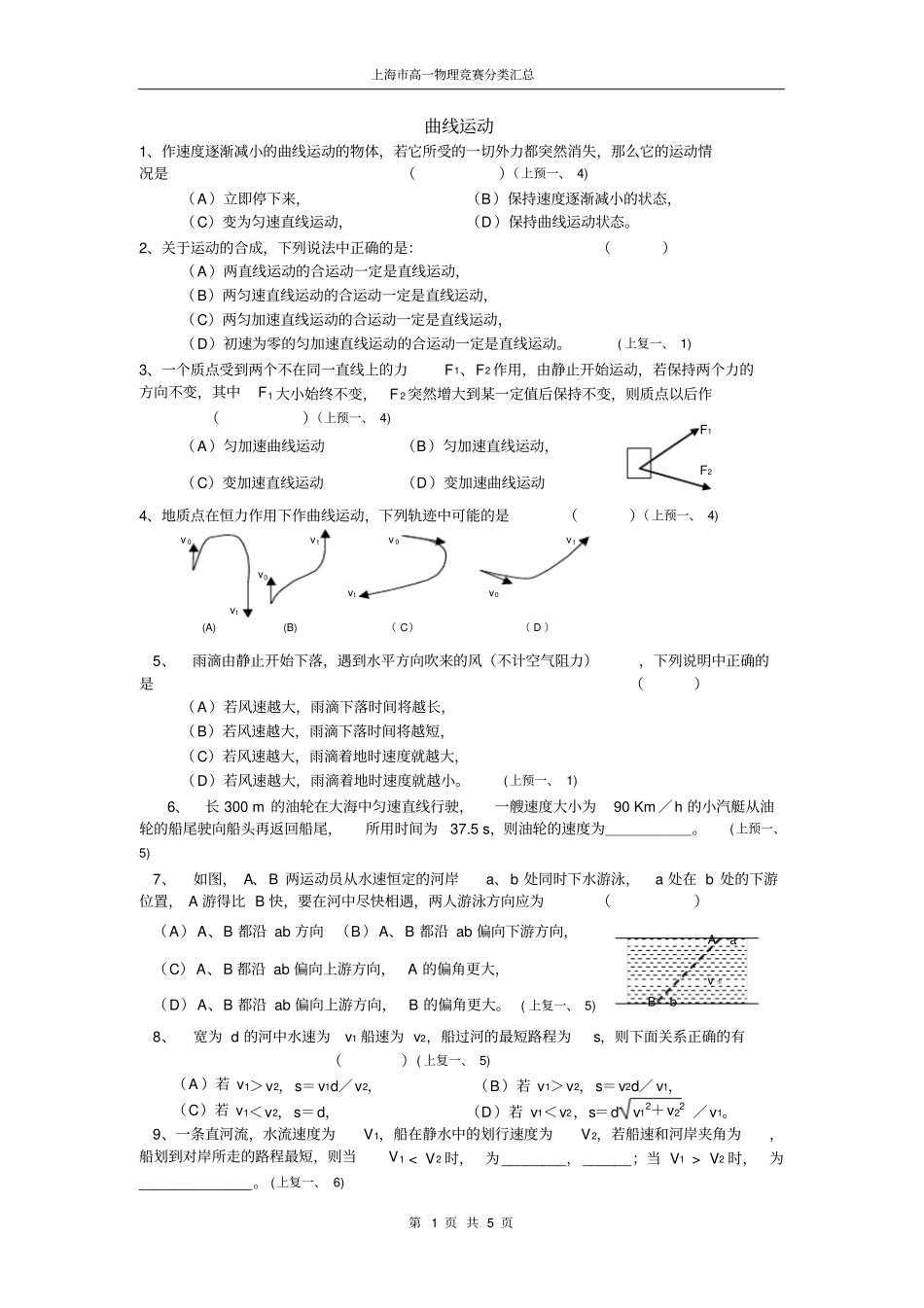 上海高一物理竞赛分类汇总——曲线运动,推荐文档_第1页