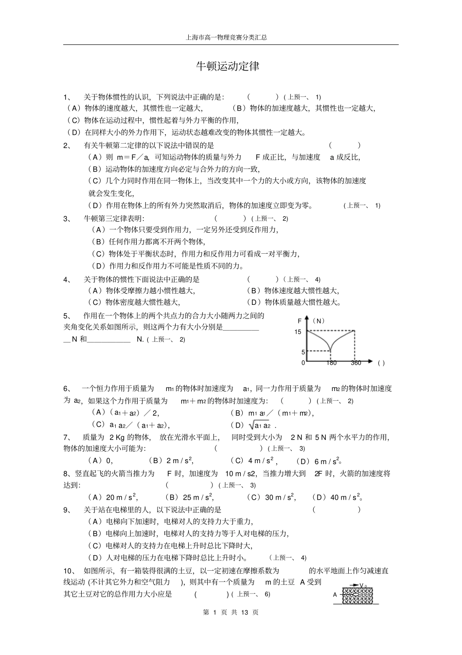 上海高一物理竞赛分类汇总——牛顿运动定律,推荐文档_第1页