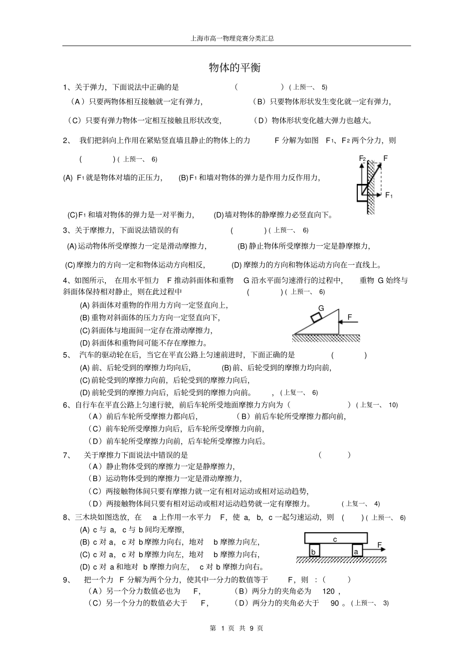 上海高一物理竞赛分类汇总——物体的平衡,推荐文档_第1页