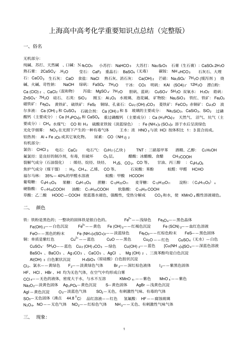 上海高中高考化学重要知识点总结汇总_第1页