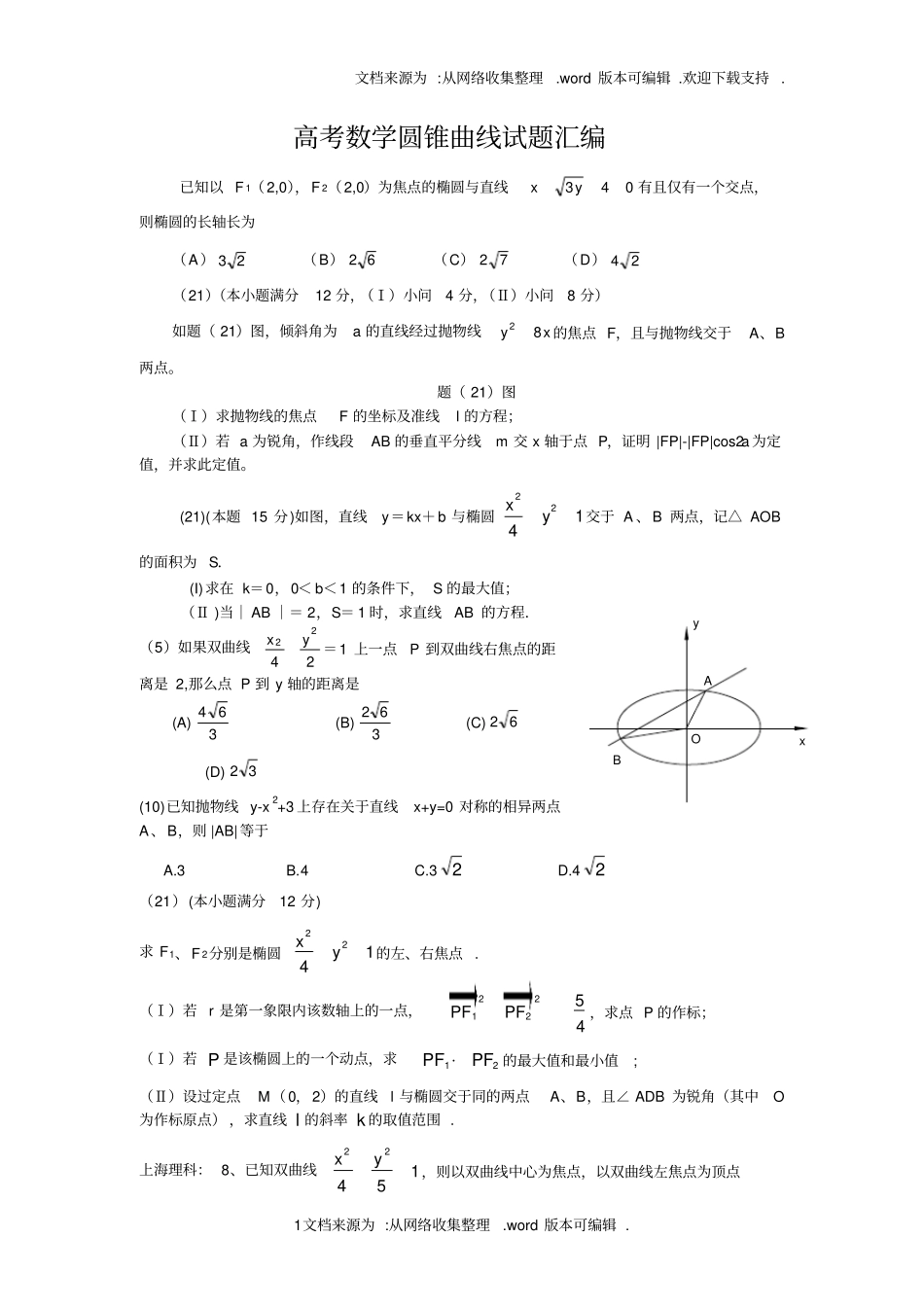 上海高考数学圆锥曲线试题供参考_第1页
