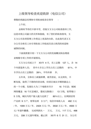 上级领导检查欢迎致辞电信公司