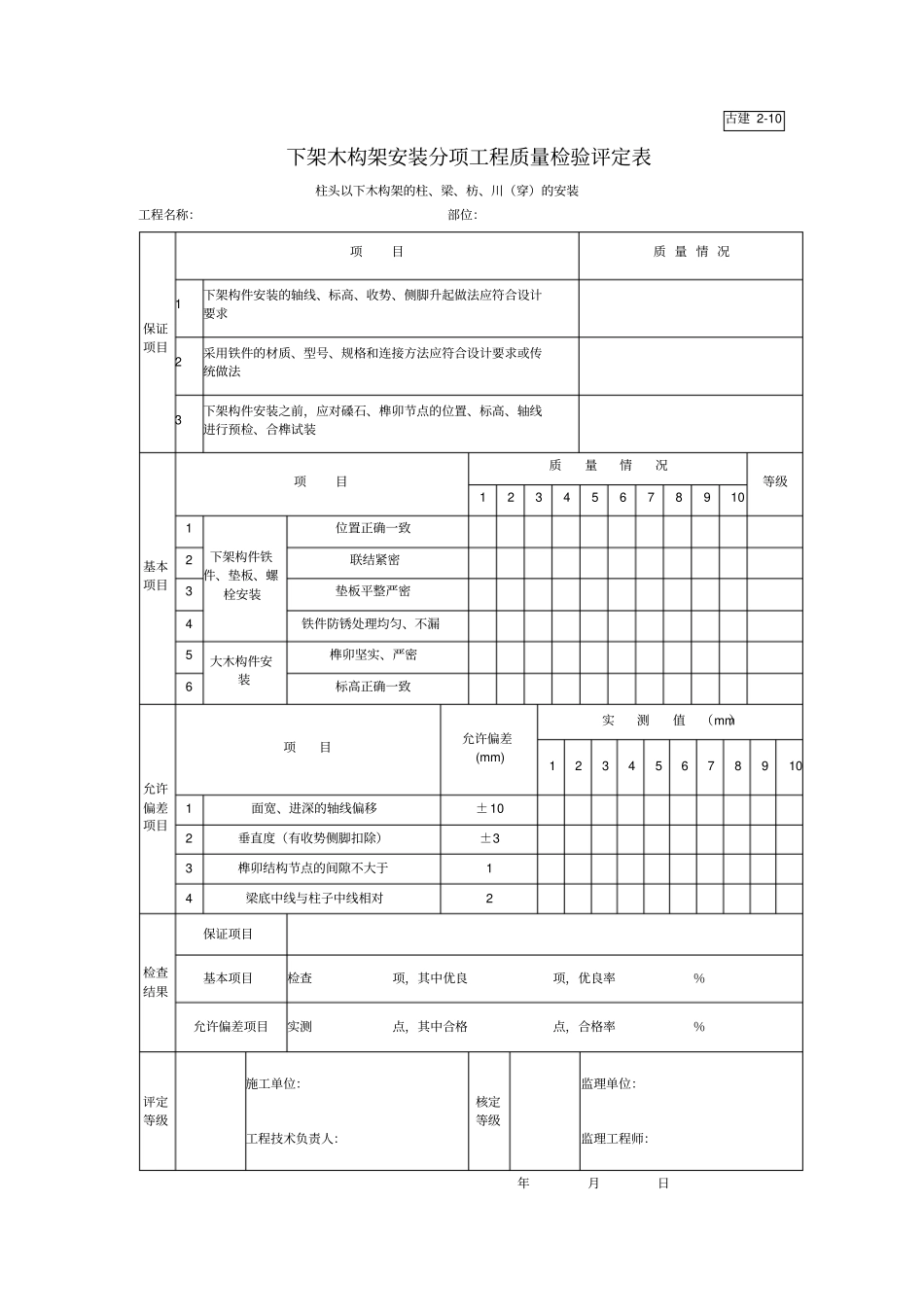 下架木构架安装分项工程质量检验评定表_第1页