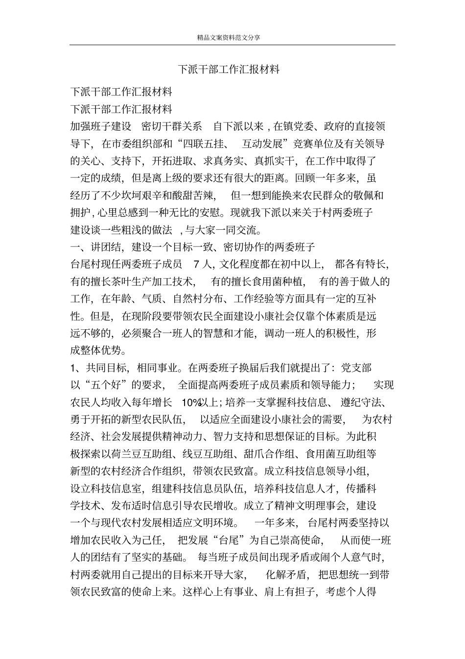 下派干部工作汇报材料-精品文案范文_第1页