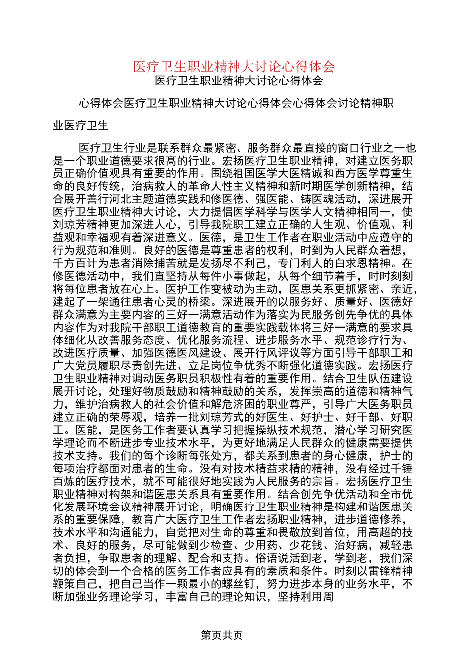 医疗卫生职业精神大讨论心得体会_第1页