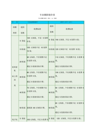 专业摄影报价表