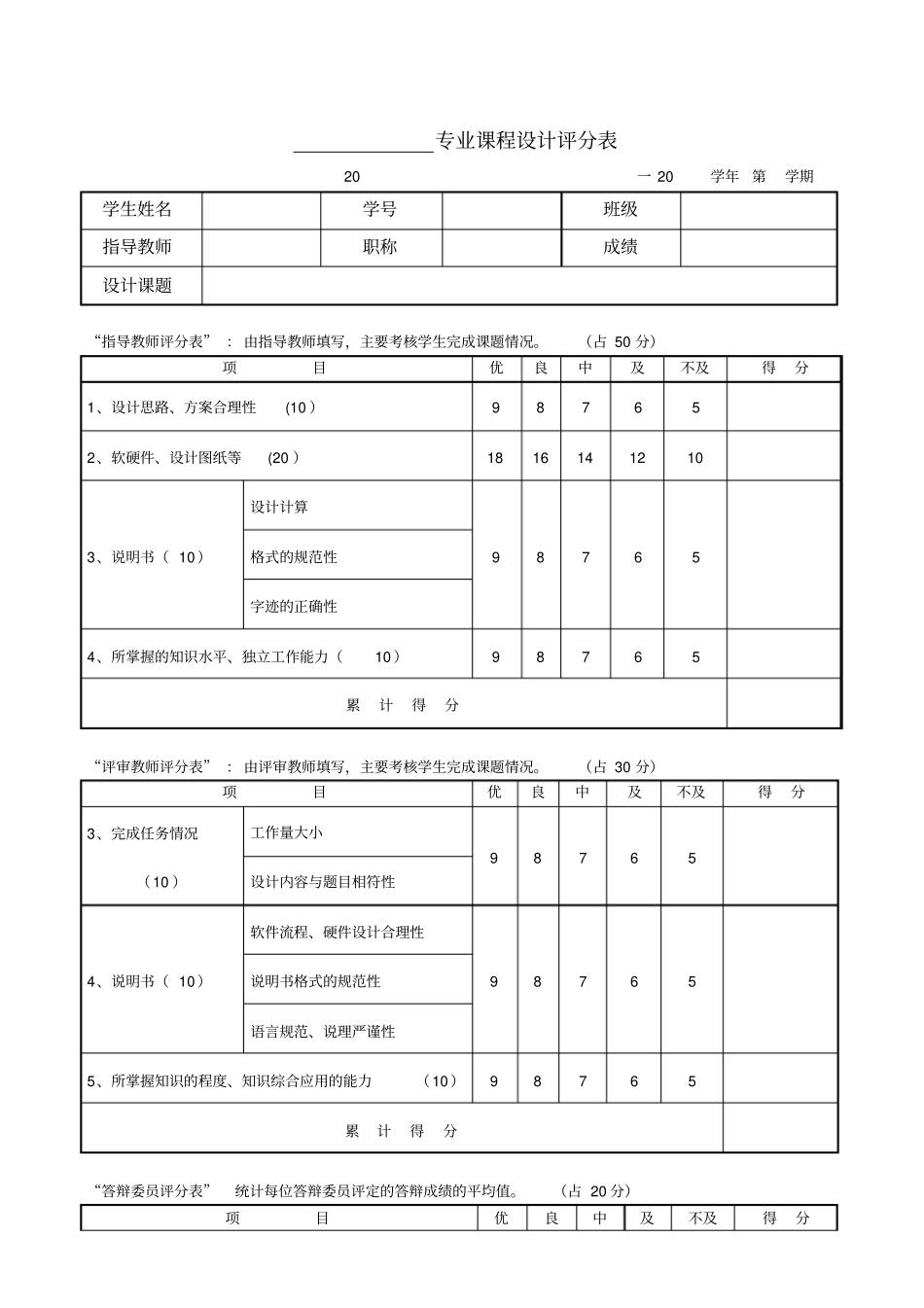 专业课程设计评分表_第1页