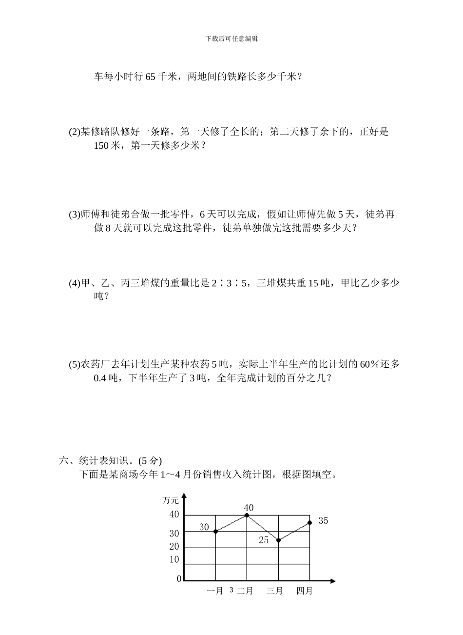 苏教国标版六年级数学毕业卷5_第3页