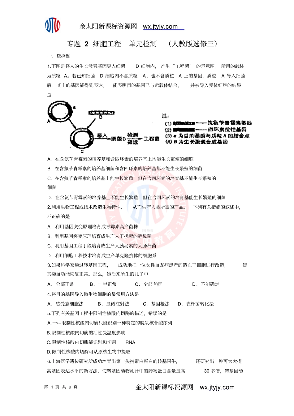 专题2细胞工程单元检测人教版选修三_第1页