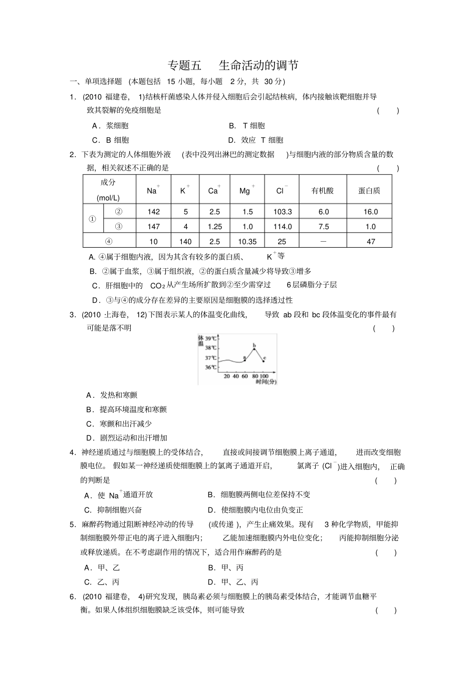 专题5生命活动的调节训练_第1页