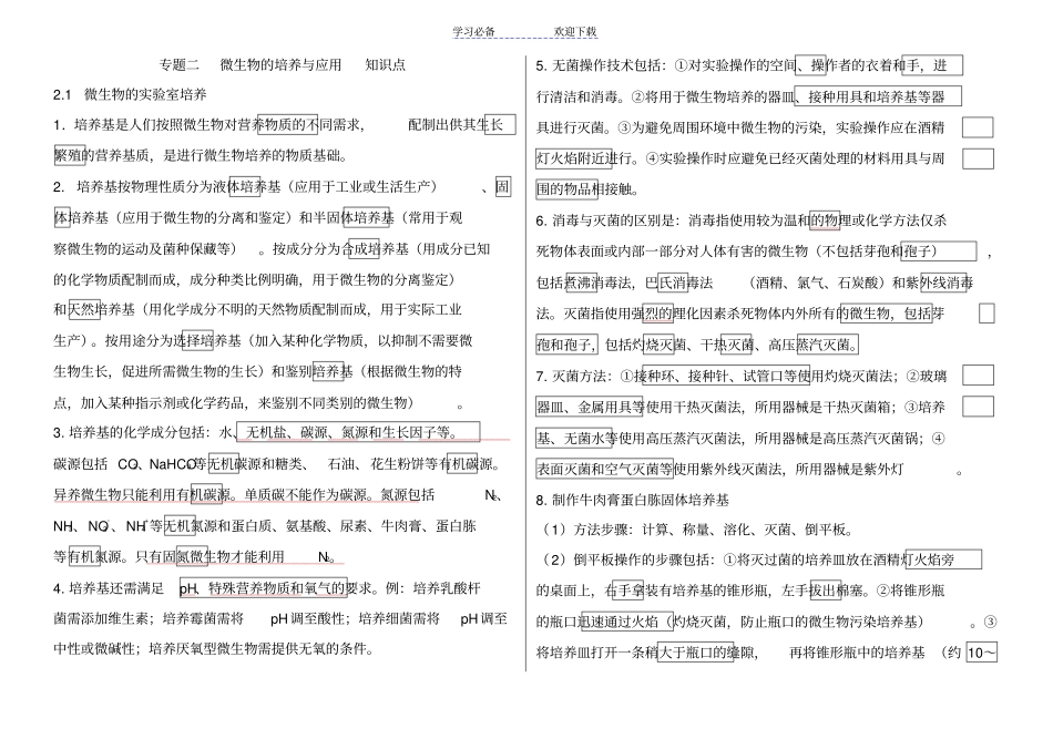 专题二微生物的培养与应用知识点总结_第1页
