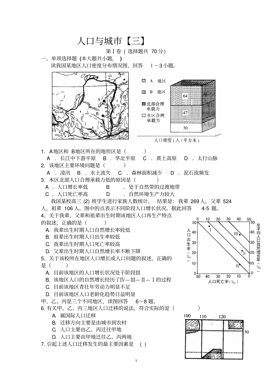 专题六___人口与城__综合训练_第1页