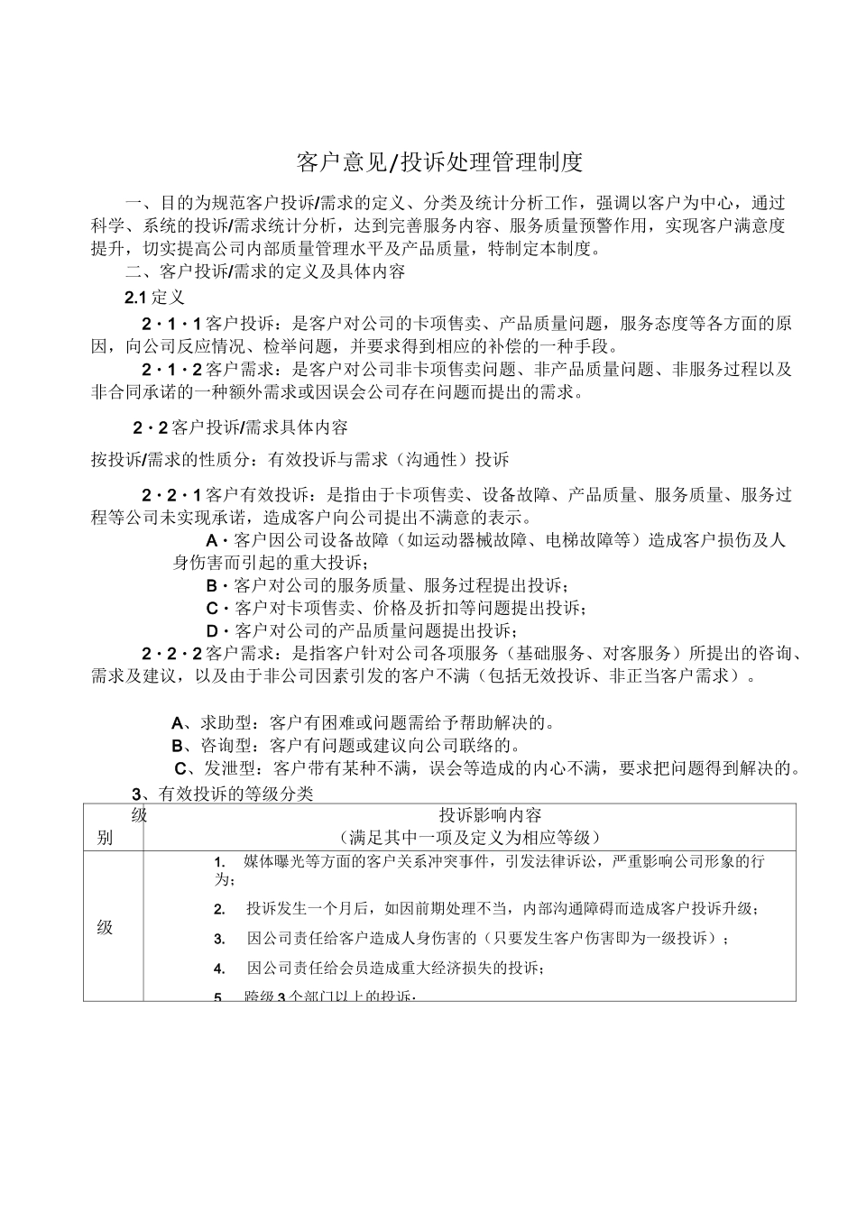 客户投诉处理管理制度(包含流程及客户投诉表)_第1页