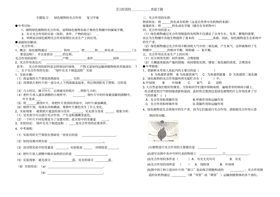 专题复习：初三光合作用复习学案_第1页
