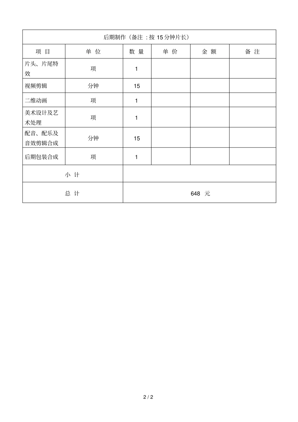 专题片制作费用预算表_第2页