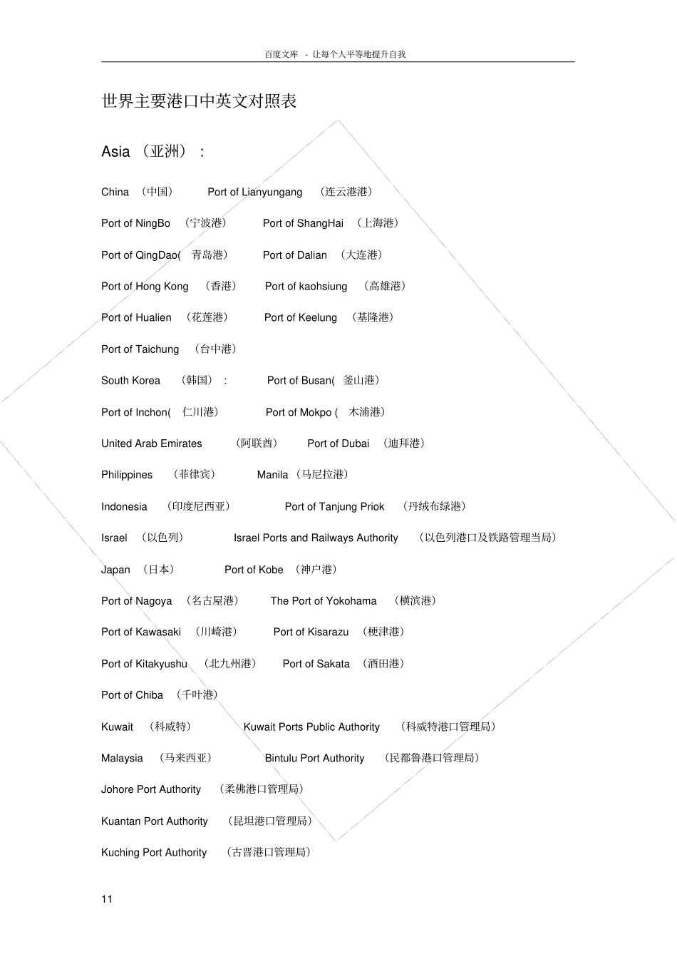 世界主要港口中英文对照表_第1页