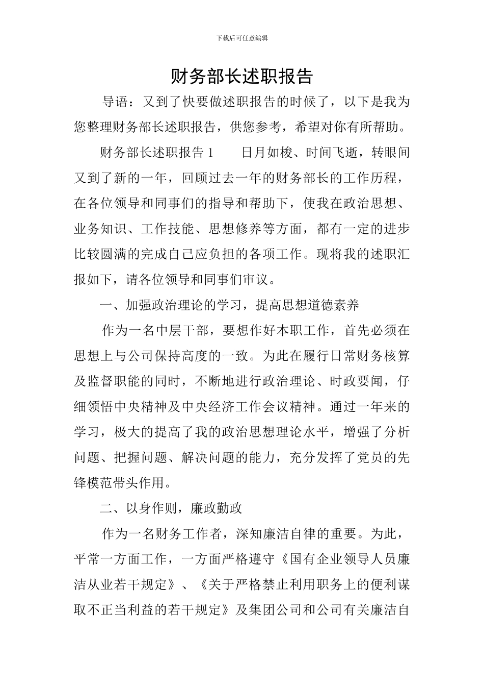 财务部长述职报告_第1页