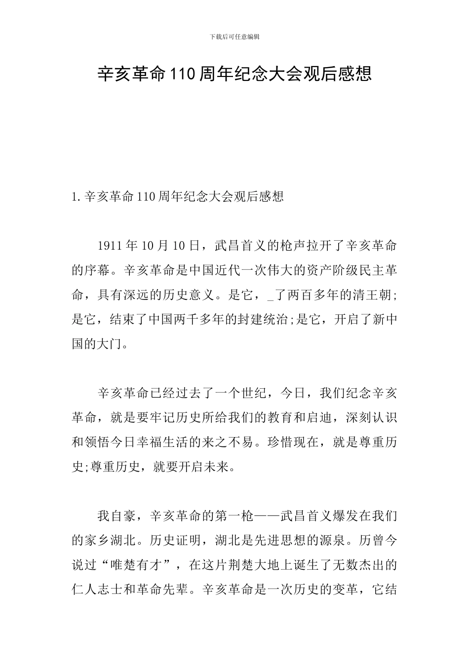 辛亥革命110周年纪念大会观后感想_第1页