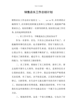 销售店长工作总结计划
