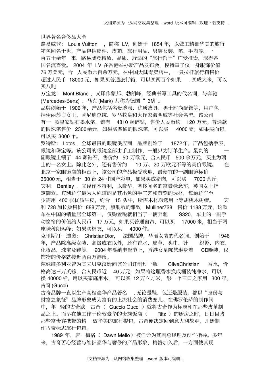 世界著名奢侈品大全_第1页