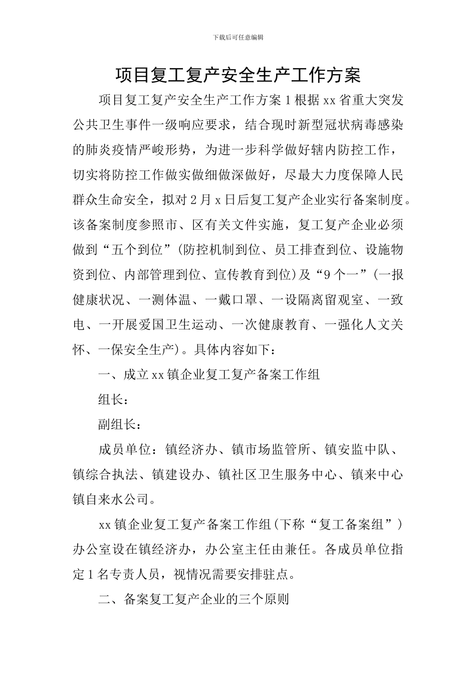 项目复工复产安全生产工作方案_第1页