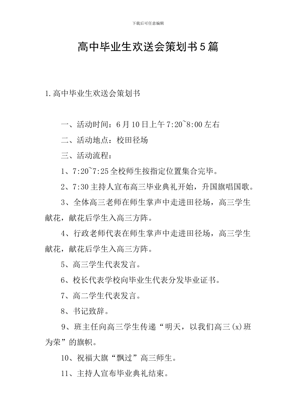 高中毕业生欢送会策划书5篇_第1页