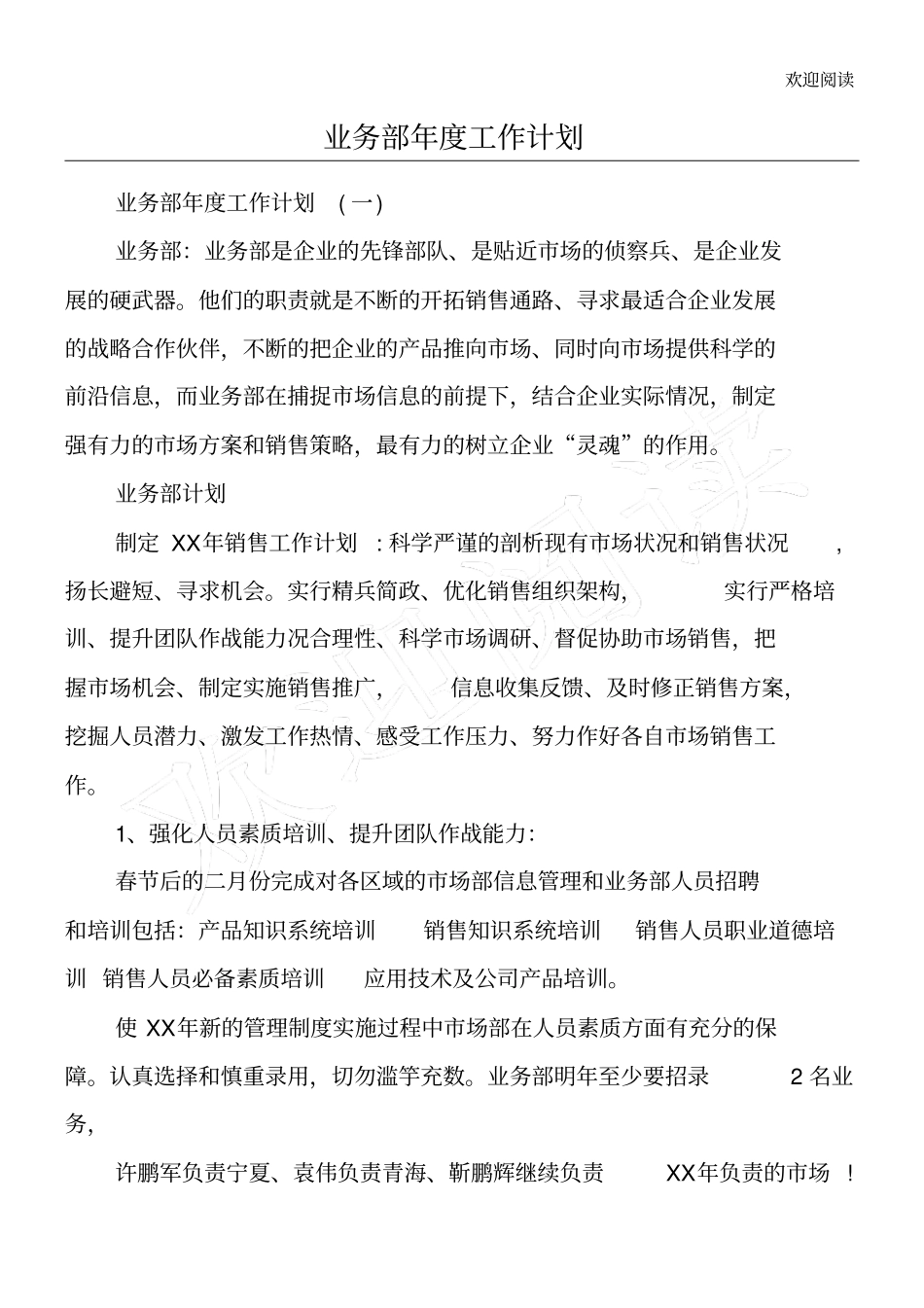 业务部年工作计划-精选范文_第1页