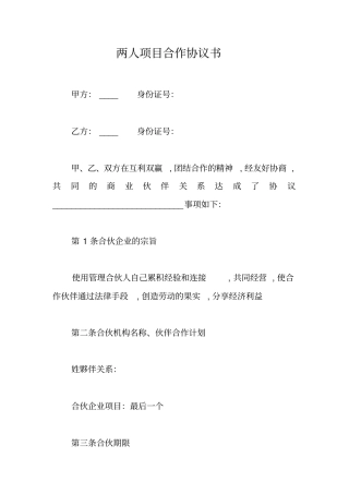 两人项目合作协议书工作范文