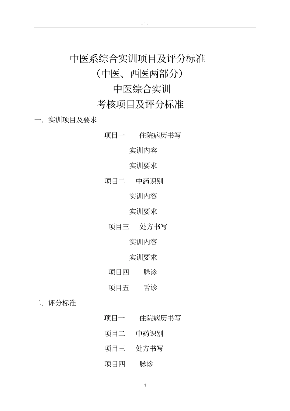 中医专业学生综合实训内容与评分标准_第1页